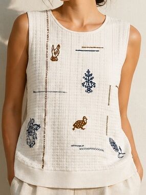 Embroidered Sleeveless Top - Navy & Tan Embroidery